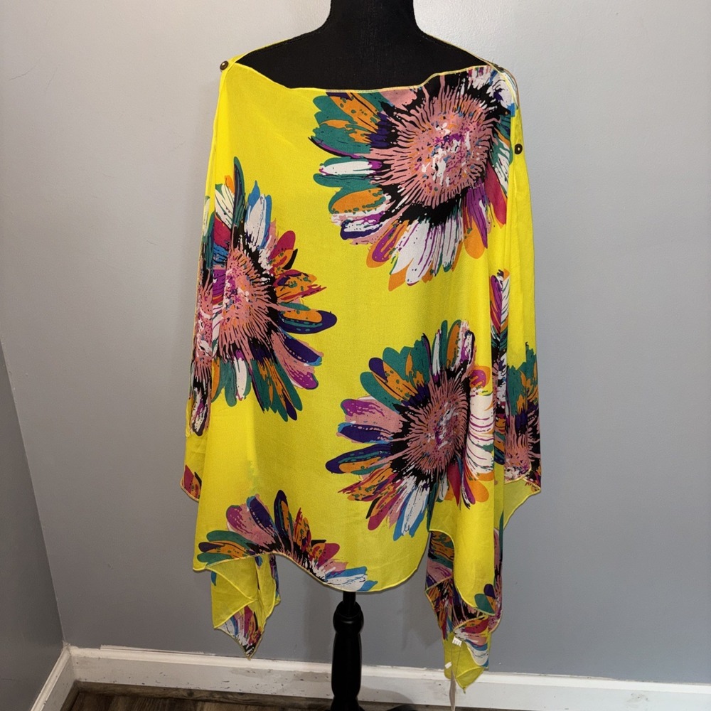 Yellow Vibrant Floral Sheer Kimono Swimwear Coverup One Size Resortwear Artsy - Picture 1 of 5